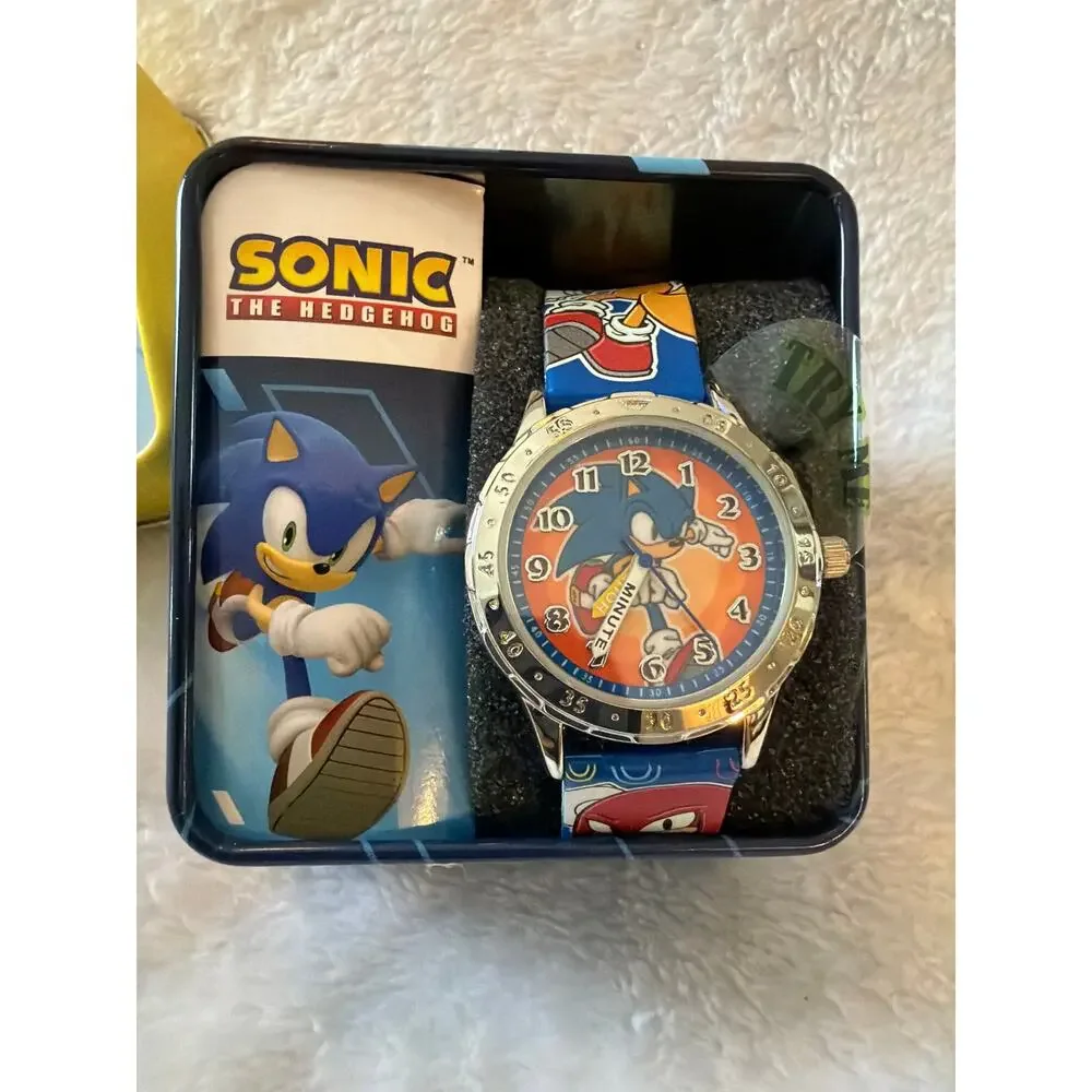 SEGA Sonic The Hedgehog Kids Wrist Watch Lighted Blue Band w/ Tin Accutime NEW